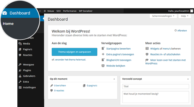 Screenschot computerscherm CMS Wordpress met vergrootglas in linkerbovenhoek - in kleur op transparante achtergrond - 659 * 365 pixels
